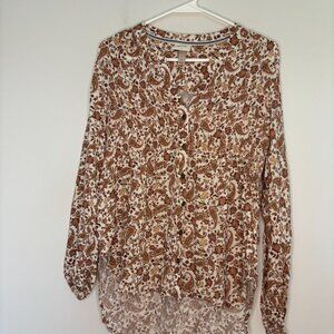 KNOX ROSE Top Women's Small Ivory Brown Hi Lo Hem V-Neck Smocked Tunic Paisley